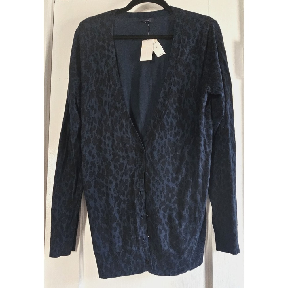 NWT GAP blue V neck cardigan subtle tonal leopard print front button womens XL